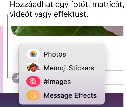Az Alkalmazások menü a fotók, a Memoji matricák, GIF-ek és üzeneteffektek megjelenítésére szolgáló beállításokkal.