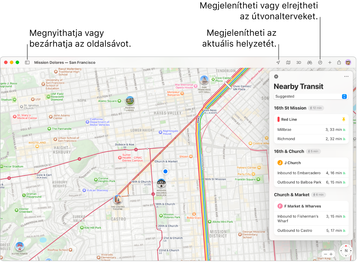 A Térképek ablaka, amely megmutatja, hogyan lehet útvonalterveket beszerezni az oldalsávon található célokra kattintva, hogyan lehet megnyitni vagy becsukni az oldalsávot, valamint hogyan lehet megtalálni az aktuális helyzetet a térképen.