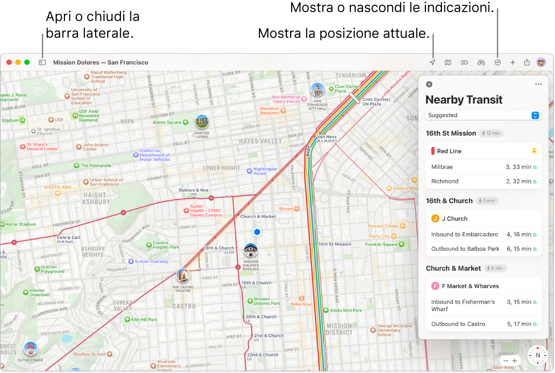 Una finestra di Mappe che mostra come ottenere indicazioni facendo clic su una destinazione nella barra laterale, come aprire o chiudere la barra laterale e come trovare la tua posizione attuale sulla mappa.