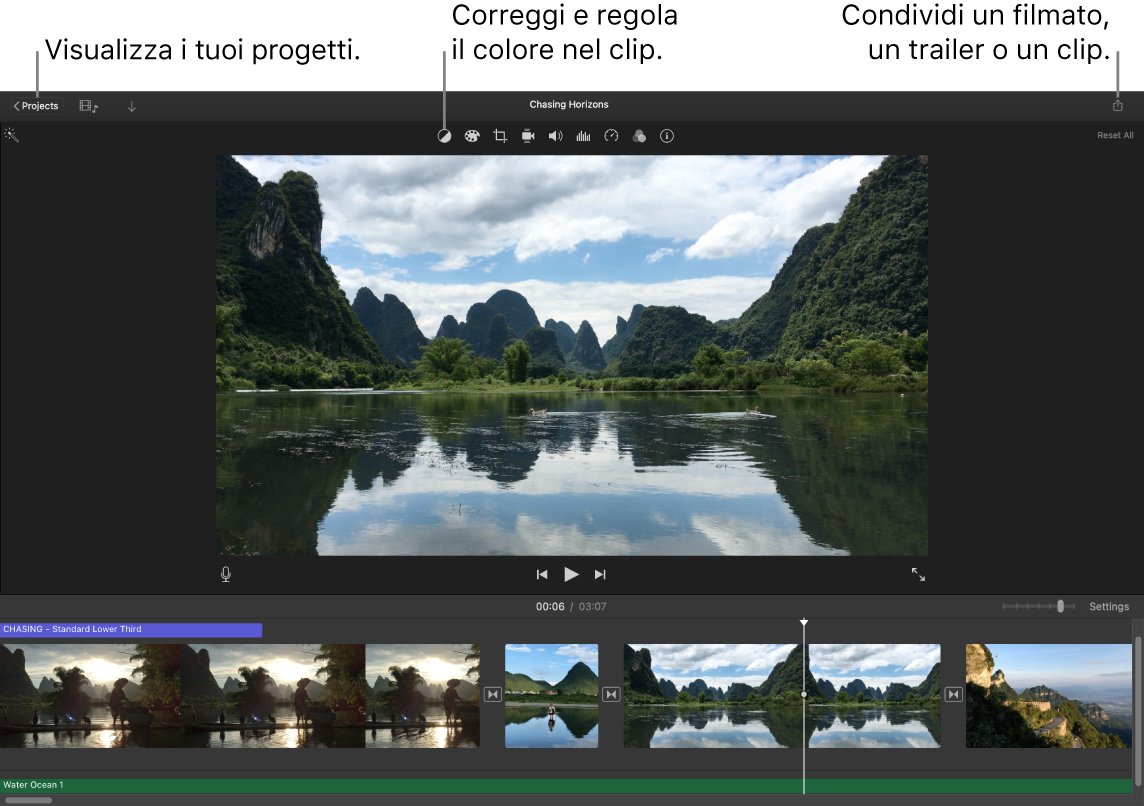 Una finestra di iMovie che mostra i pulsanti per visualizzare i progetti, correggere e regolare i colori e condividere i filmati, i trailer e i clip filmati.