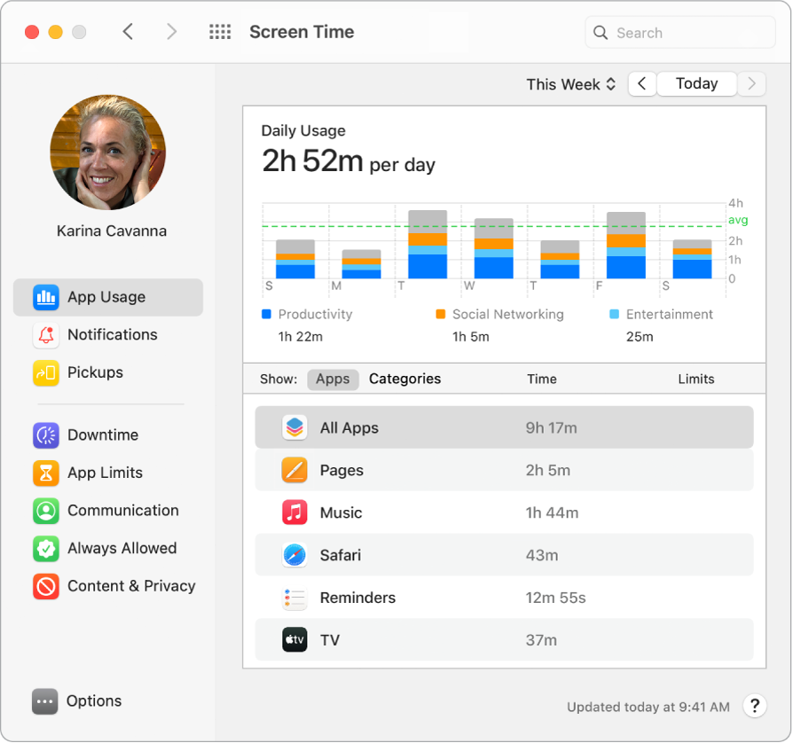 다양한 앱 사용에 소비한 시간을 표시하는 스크린 타임 윈도우.