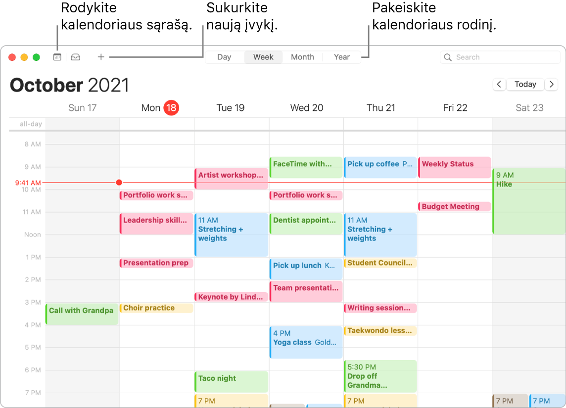 „Calendar“ langas, rodantis, kaip sukurti įvykį, rodyti kalendorių sąrašą ir pasirinkti rodinį „Day“, „Week“, „Month“ arba „Year“.