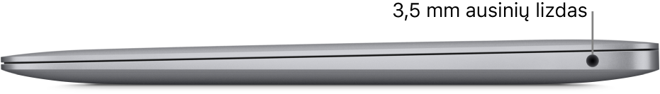 Dešinioji „MacBook Air“ pusė, matoma 3,5 mm skersmens ausinių lizdo nuoroda.