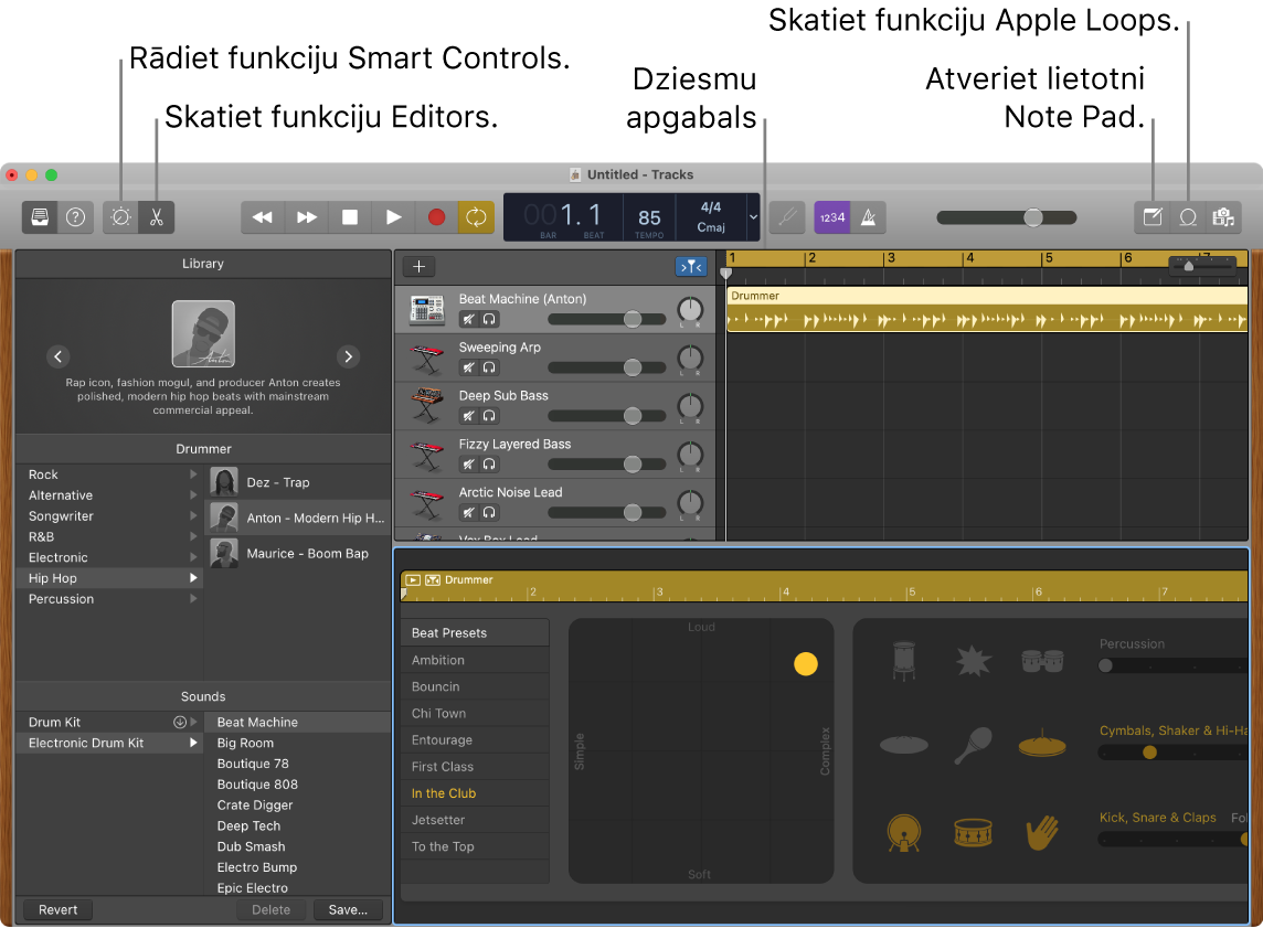 Lietotnes GarageBand logā redzamas pogas piekļuvei funkcijām Smart Controls, Editors, Notes un Apple Loops. Ir redzams arī skaņu celiņu attēlojums.