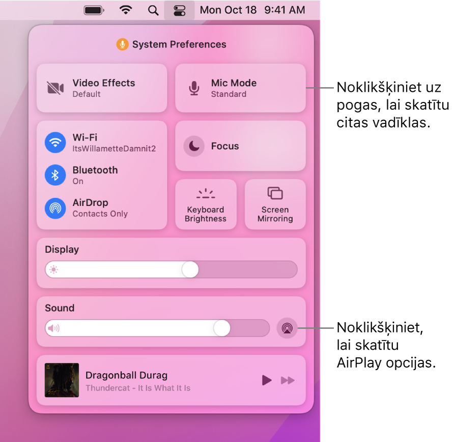 Pietuvināts izvēlnes Notification Center skats Mac datorā ar remarku pie pogas Display.