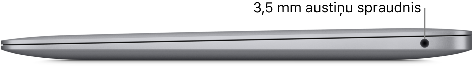 Skats uz MacBook Air datoru no labā sāna ar remarkām pie 3,5 mm austiņu spraudņa.