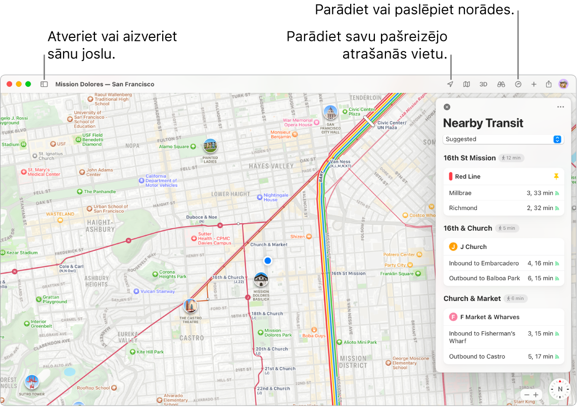 Lietotnes Maps logā redzams, kā iegūt norādes, klikšķinot uz galamērķa sānu joslā, kā atvērt vai aizvērt sānu joslu un kā atrast savu atrašanās vietu kartē.