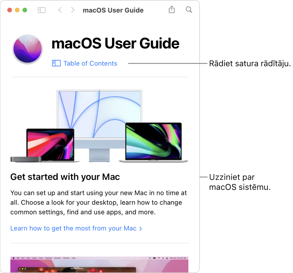 macOS lietošanas pamācības sākuma lapa ar saiti uz satura rādītāju.