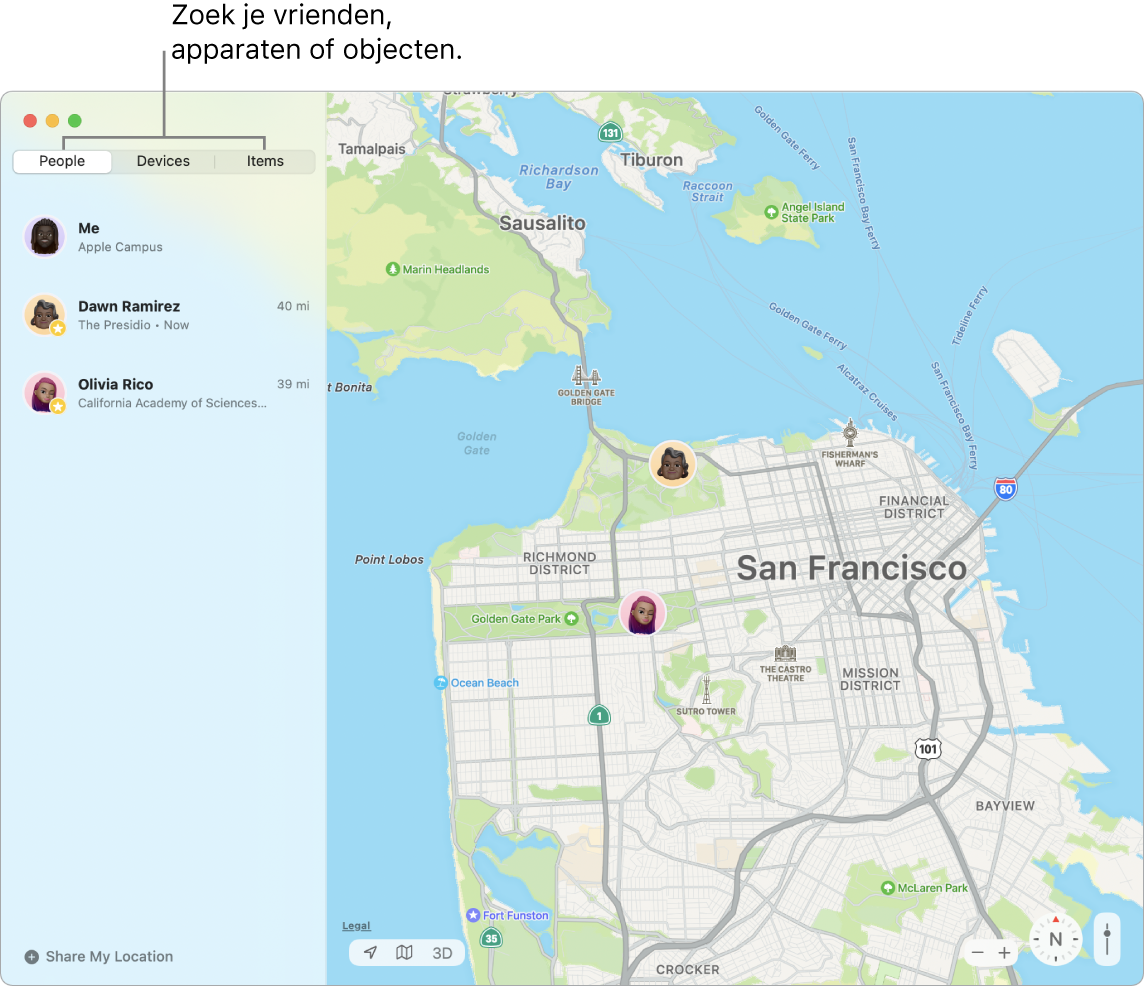 Links is de tab 'Personen' geselecteerd, terwijl rechts een kaart van San Francisco te zien is met de locatie van drie vrienden.