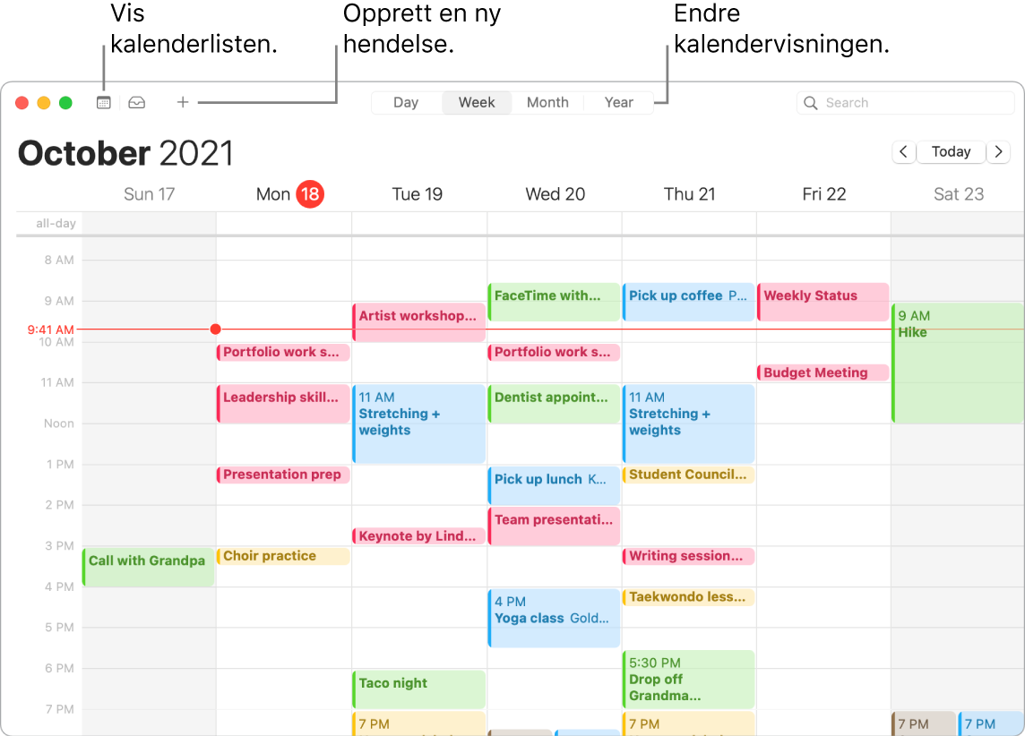 Et Kalender-vindu som viser hvordan du oppretter en hendelse, viser kalenderlisten og velger dag-, ukes-, måneds- eller årsvisning.