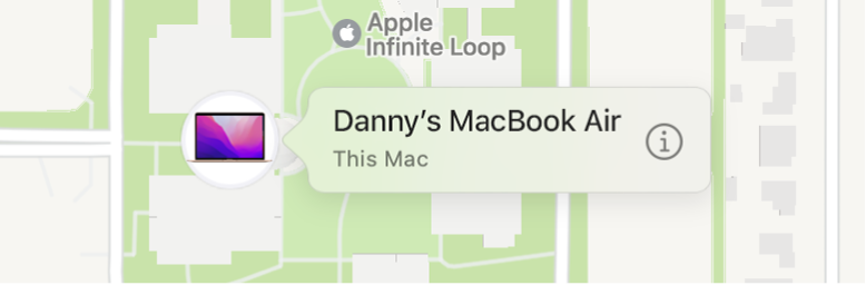 Et nærbilde av Informasjon-symbolet for Daniels MacBook Pro.