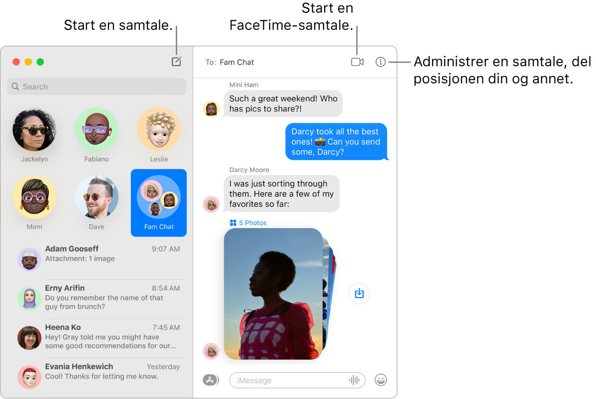 Et Meldinger-vindu som viser hvordan du starter en samtale og hvordan du starter et FaceTime-anrop.