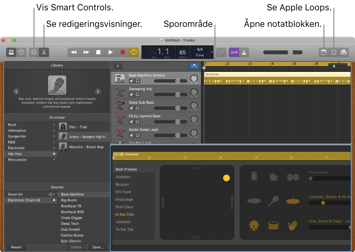 Et GarageBand-vindu som viser knappene for tilgang til Smart Controls, redigerere, notater og Apple Loops. Det viser også sporvisningen.
