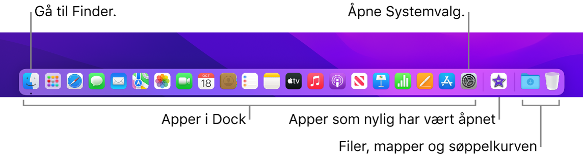 Dock, som viser Finder, Systemvalg og linjen i Dock som skiller apper fra filer og mapper.