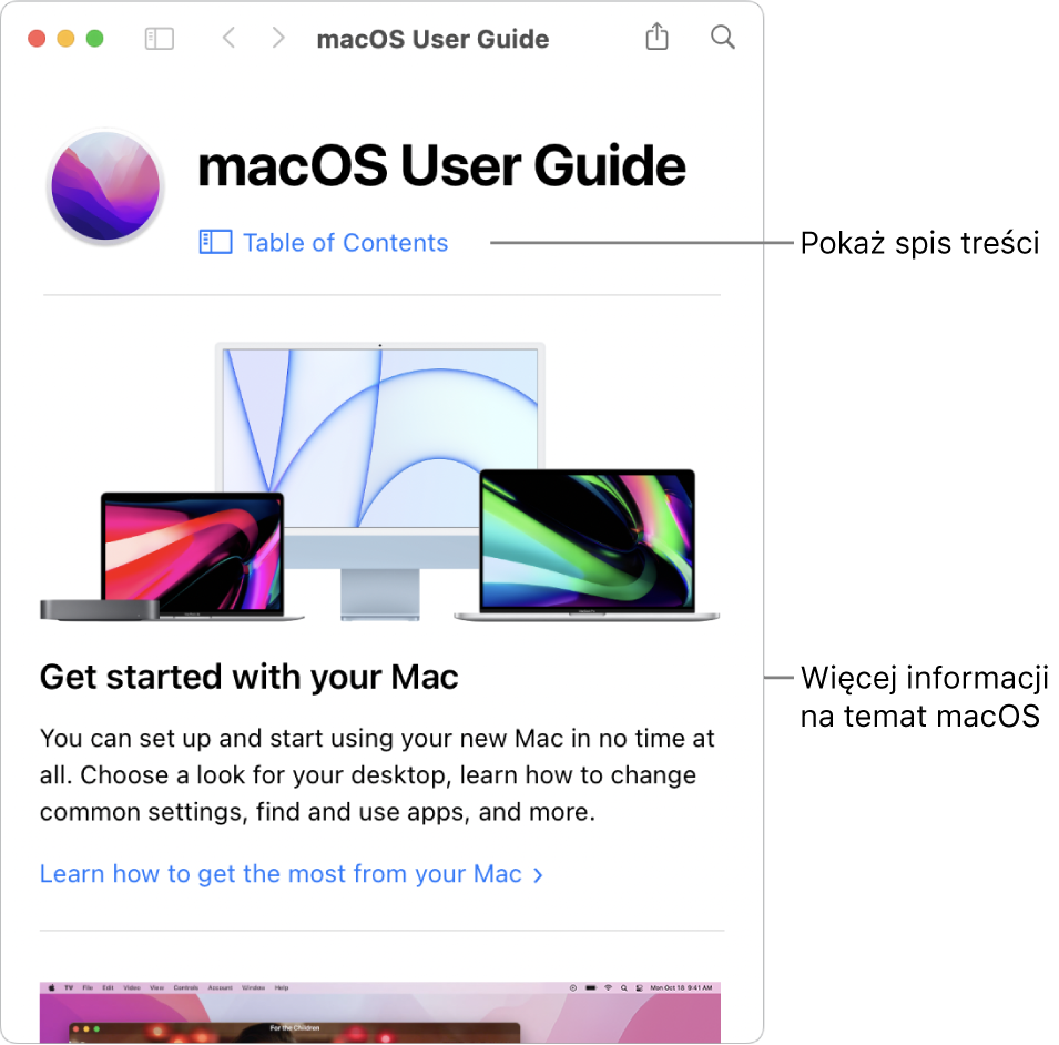 Strona powitalna Podręcznika użytkownika macOS oraz łącze do Spisu treści.