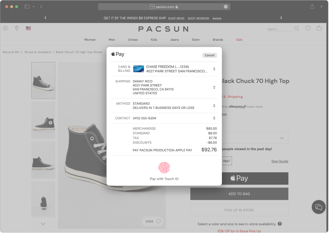 Zrzut ekranu Maca przedstawiający przebieg zakupu w Internecie przy użyciu Apple Pay i przeglądarki Safari.