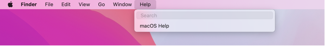 Częściowy widok Biurka z rozwiniętym menu Pomoc oraz polecenia menu Szukaj i Pomoc macOS.