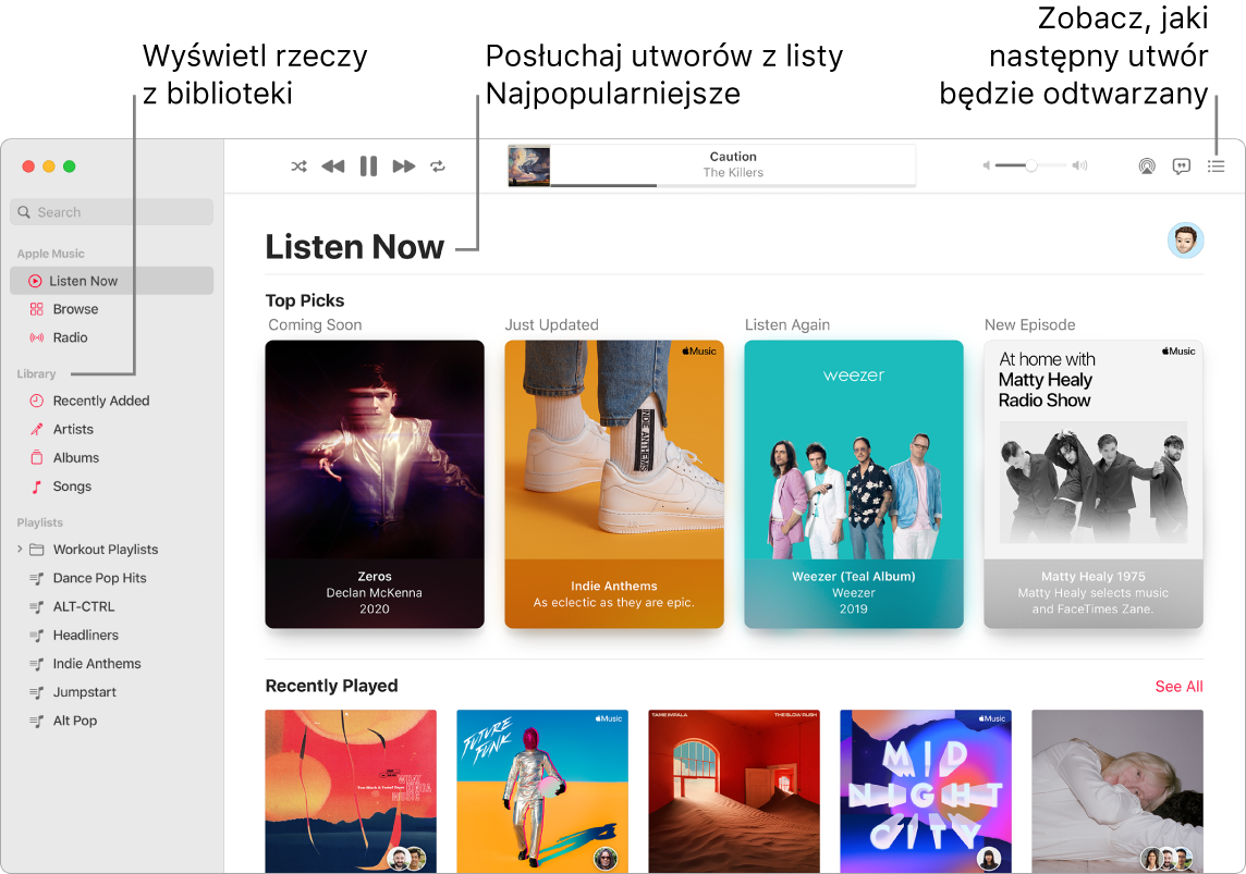 Okno aplikacji Muzyka pokazujące sposób wyświetlania biblioteki, słuchania Apple Music oraz wyświetlania utworów odtwarzanych w następnej kolejności.