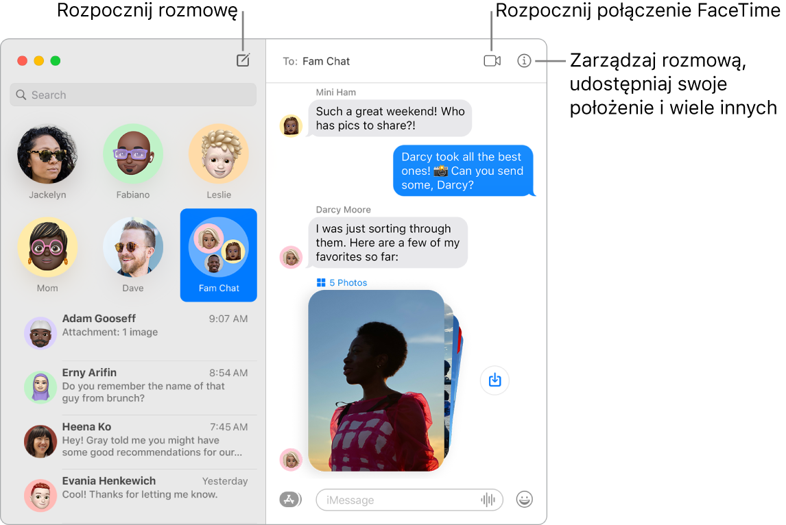 Okno aplikacji Wiadomości z opisami przycisków rozpoczynania rozmowy oraz połączenia FaceTime.