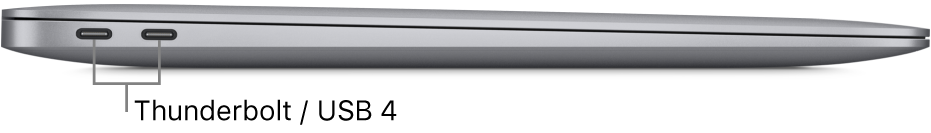 Vista da lateral esquerda de um MacBook Air com chamadas para as portas Thunderbolt / USB 4.