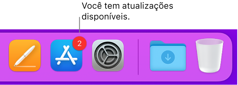 Parte do Dock mostrando o ícone da App Store com um aviso, indicando que há atualizações disponíveis.