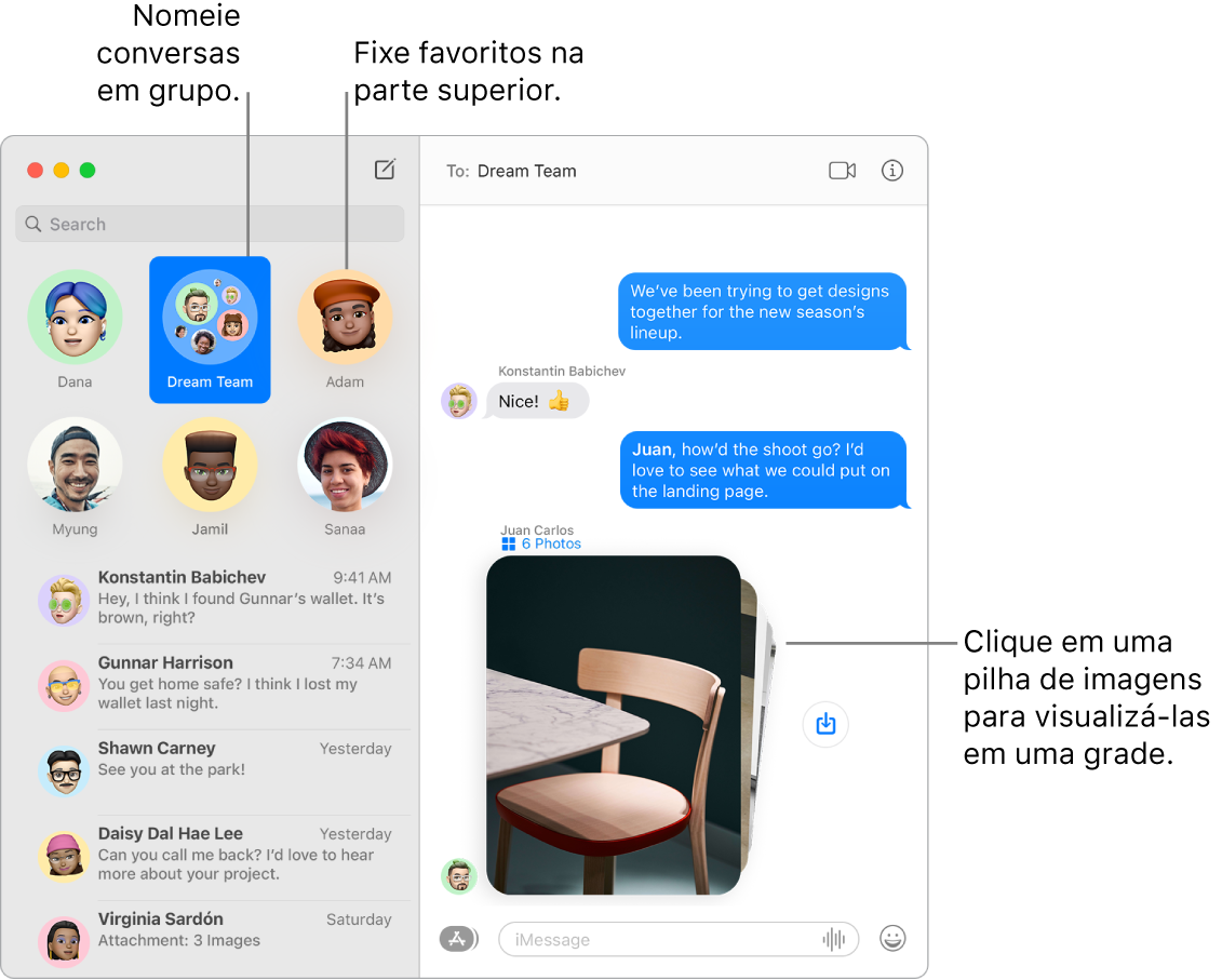 Janela do app Mensagens com um chat em grupo e chats individuais fixados na parte superior da coluna esquerda. No chat à direita, há uma pilha de seis fotos com um botão Salvar Foto ao lado.