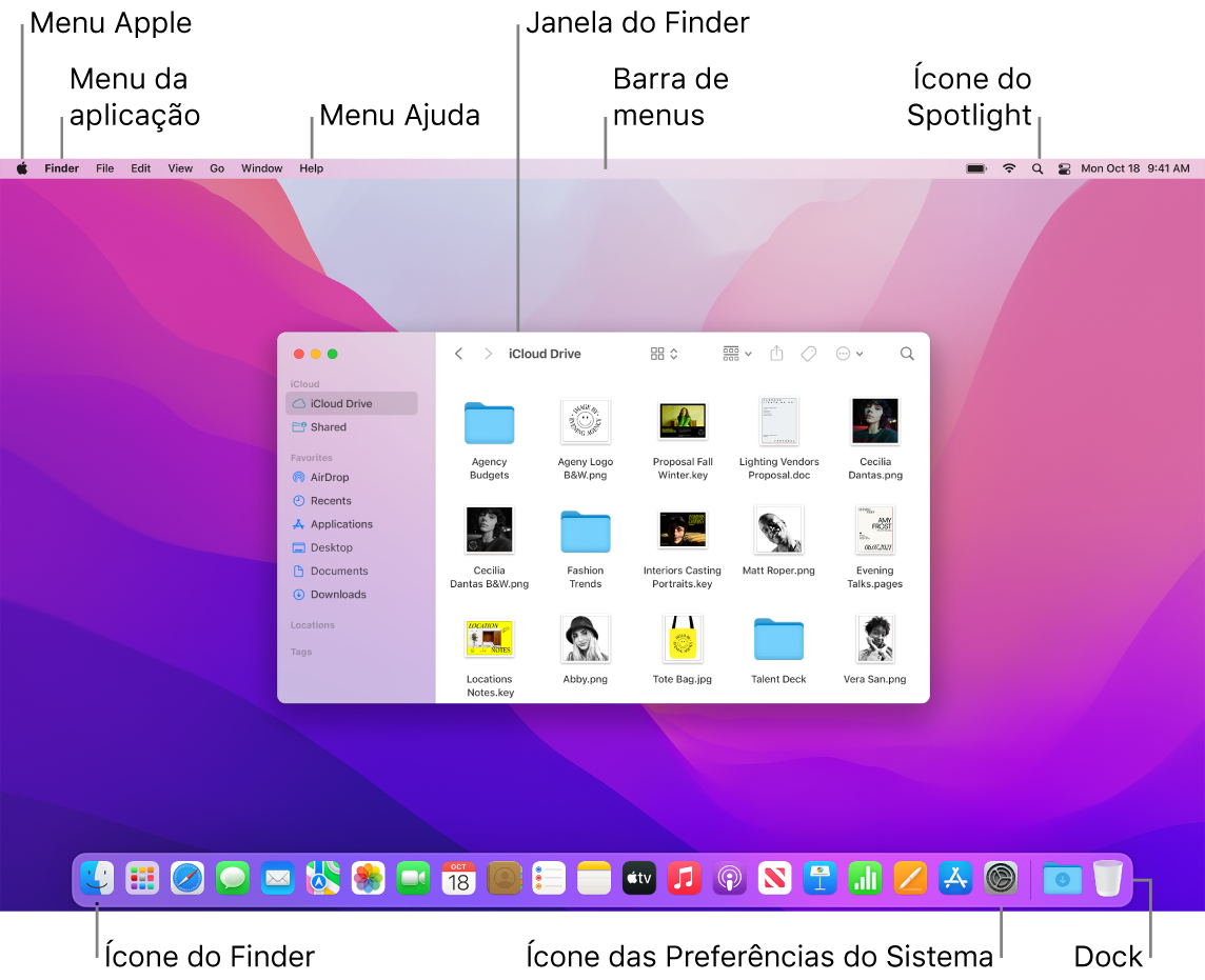 Ecrã do Mac que mostra o menu Apple, o menu da aplicação, o menu Ajuda, uma janela do Finder, a barra de menus, o ícone do Spotlight, o ícone do Finder, o ícone das Preferências do Sistema e a Dock.