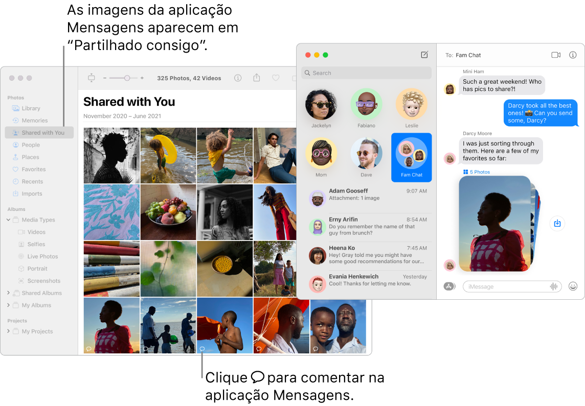 Uma conversa da aplicação Mensagens à direita com uma pilha de fotografias e a secção “Partilhado consigo” de uma janela da aplicação Fotografias a mostrar fotografias partilhadas da aplicação Mensagens.