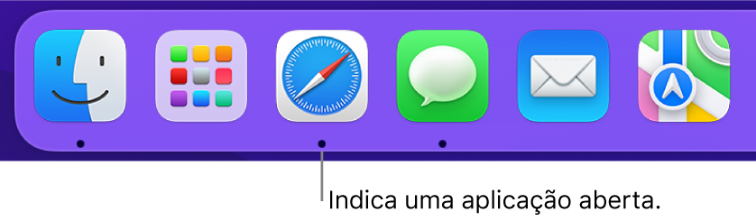 Uma parte da Dock a mostrar pontos pretos por baixo das aplicações abertas.