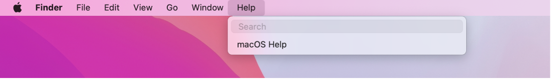 Parte da secretária visível, com o menu Ajuda aberto, a mostrar as opções de menu Pesquisar e Ajuda do macOS.