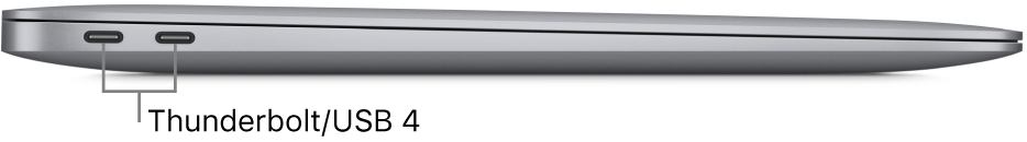 Vista do lado esquerdo de um MacBook Air com chamadas para as portas Thunderbolt/USB 4.