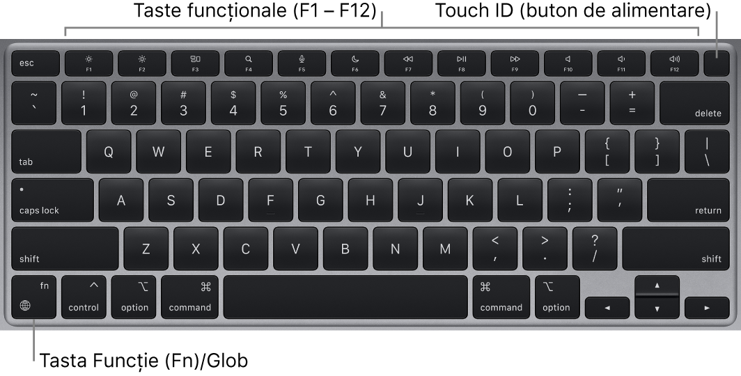 Tastatura MacBook Air afișând rândul de taste funcționale, butonul de alimentare Touch ID în partea de sus și tasta Funcție (Fn) în colțul din stânga jos.