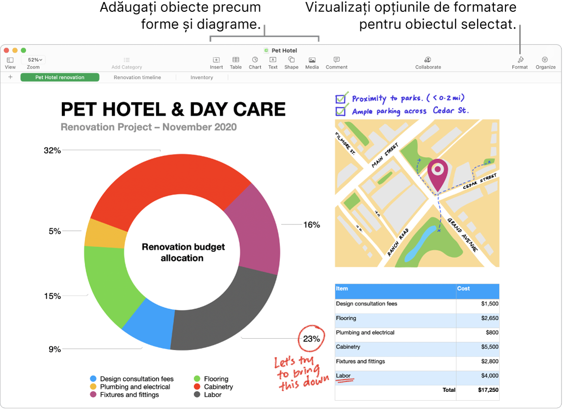 O fereastră Numbers cu bara de instrumente și instrumentele de editare ale acesteia în partea de sus, butonul Colaborează aproape de partea din dreapta sus și butoanele Format și Organizare în dreapta. Bara laterală Format este deschisă la fila Diagrame.