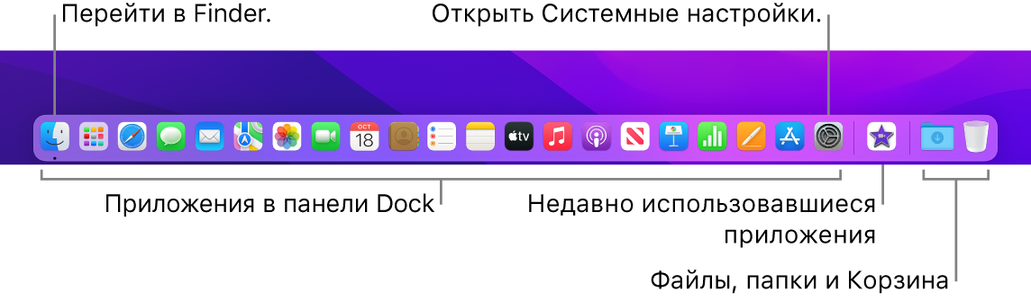 Панель Dock. Показаны значки Finder и Системных настроек, а также линия, отделяющая приложения от файлов и папок.