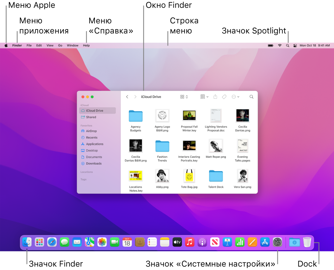 Экран компьютера Mac. Показаны меню Apple, меню приложения, меню «Справка», окно Finder, строка меню, значок Spotlight, значок Finder, значок Системных настроек и панель Dock.