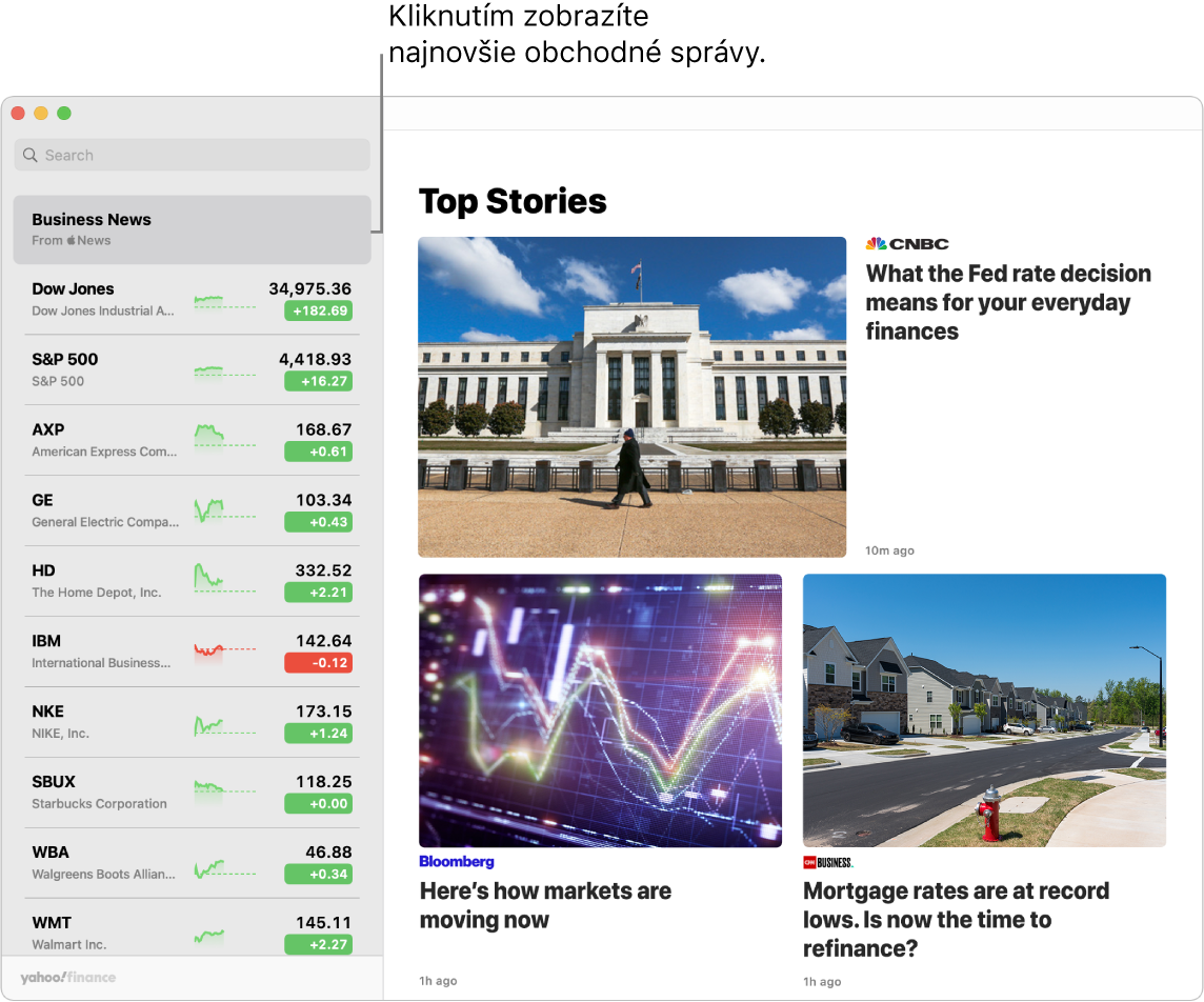 Dashboard aplikácie Akcie zobrazujúci trhové ceny v zozname sledovaných akcií spolu so súvisiacimi najlepšími článkami.