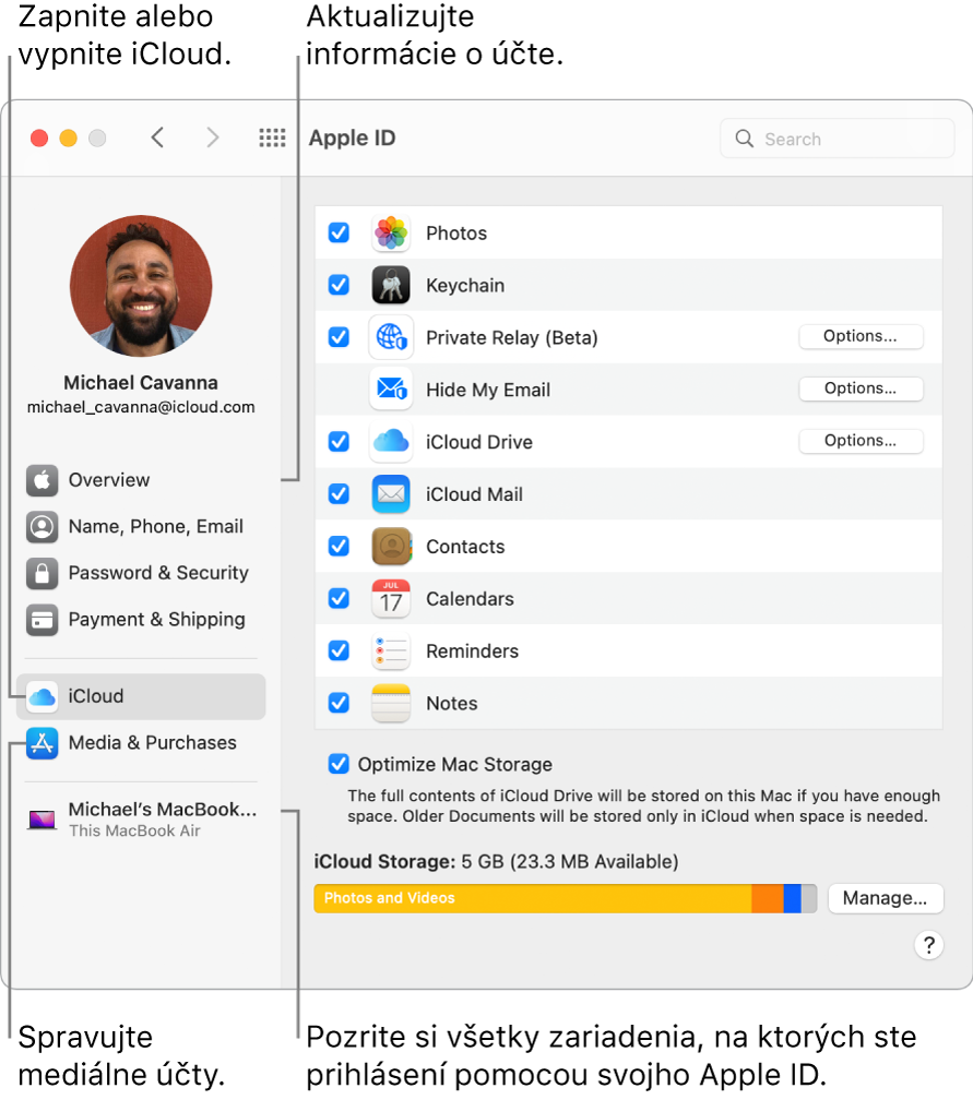 Panel Apple ID v Systémových nastaveniach. Po kliknutí na rôzne položky v postrannom paneli môžete aktualizovať údaje o svojom účte, zapnúť alebo vypnúť iCloud, spravovať mediálne účty alebo zobraziť všetky zariadenia prihlásené pod vaším Apple ID.