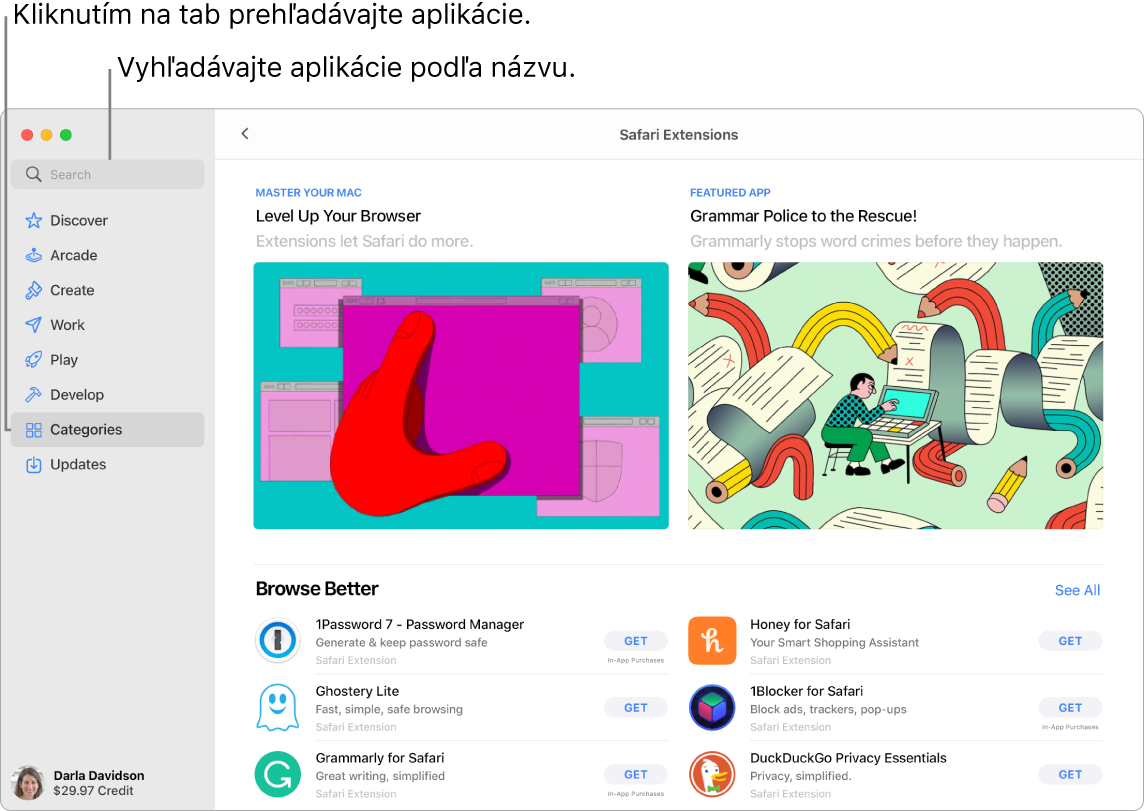 Okno App Storu zobrazujúce vyhľadávacie pole a stránku Rozšírenia Safari.