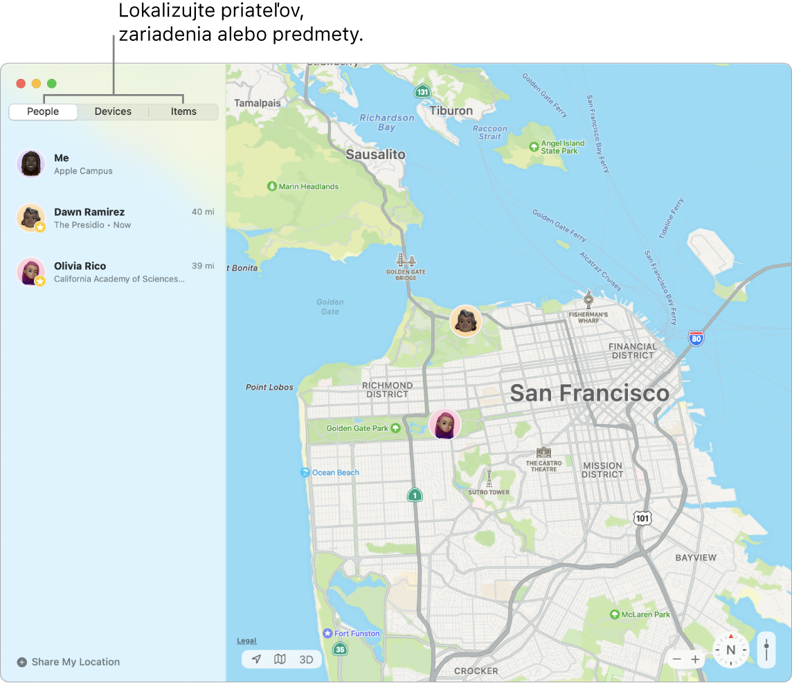 Tab Ľudia vybraný naľavo a mapa San Francisca napravo s polohou troch priateľov.