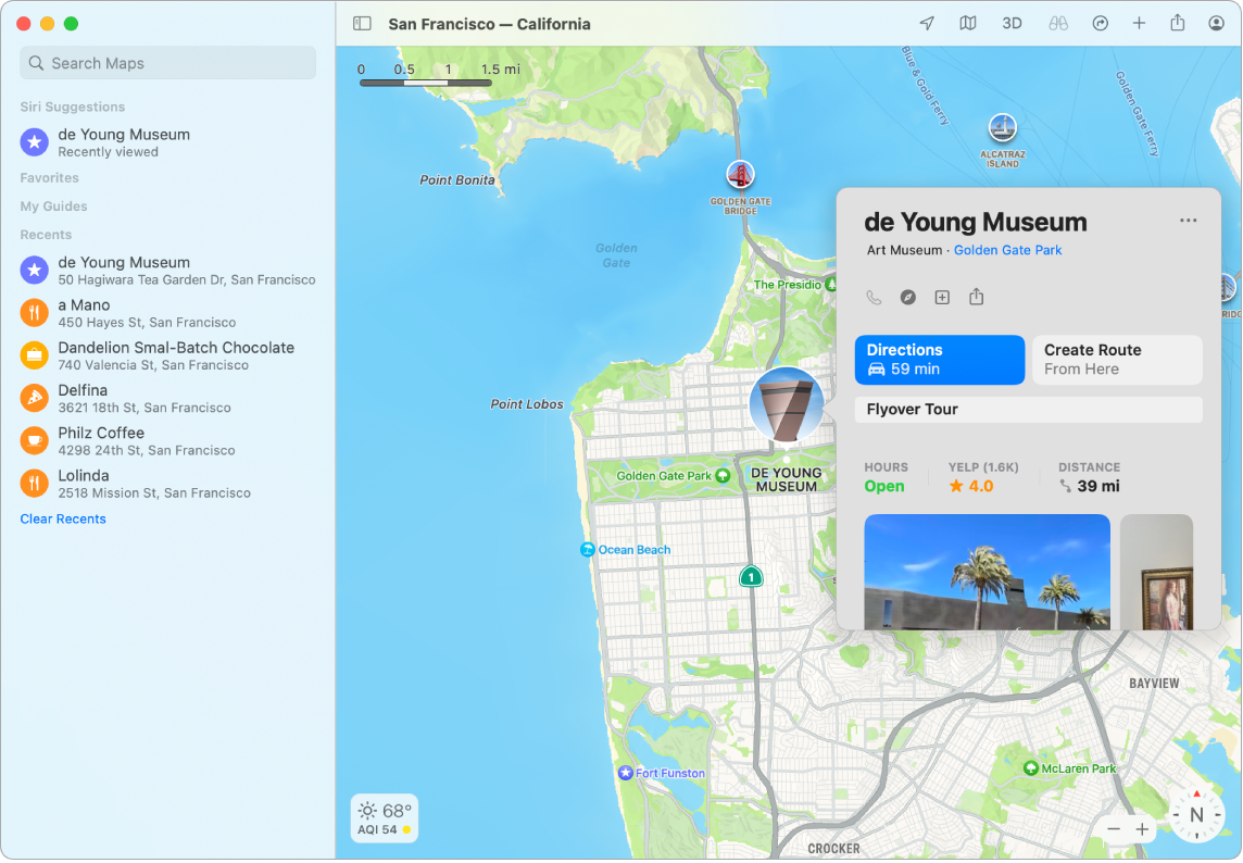 Karta över San Francisco som visar ett museum. Ett informationsfönster som visar viktig information om verksamheten.