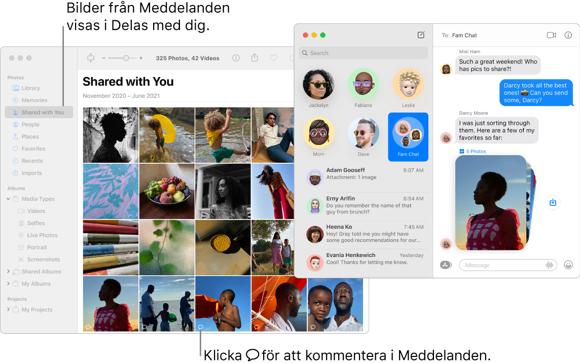 En Meddelanden-konversation till höger med en trave bilder och avsnittet Delas med dig i ett Bilder-fönster visar bilder som delas från appen Meddelanden.
