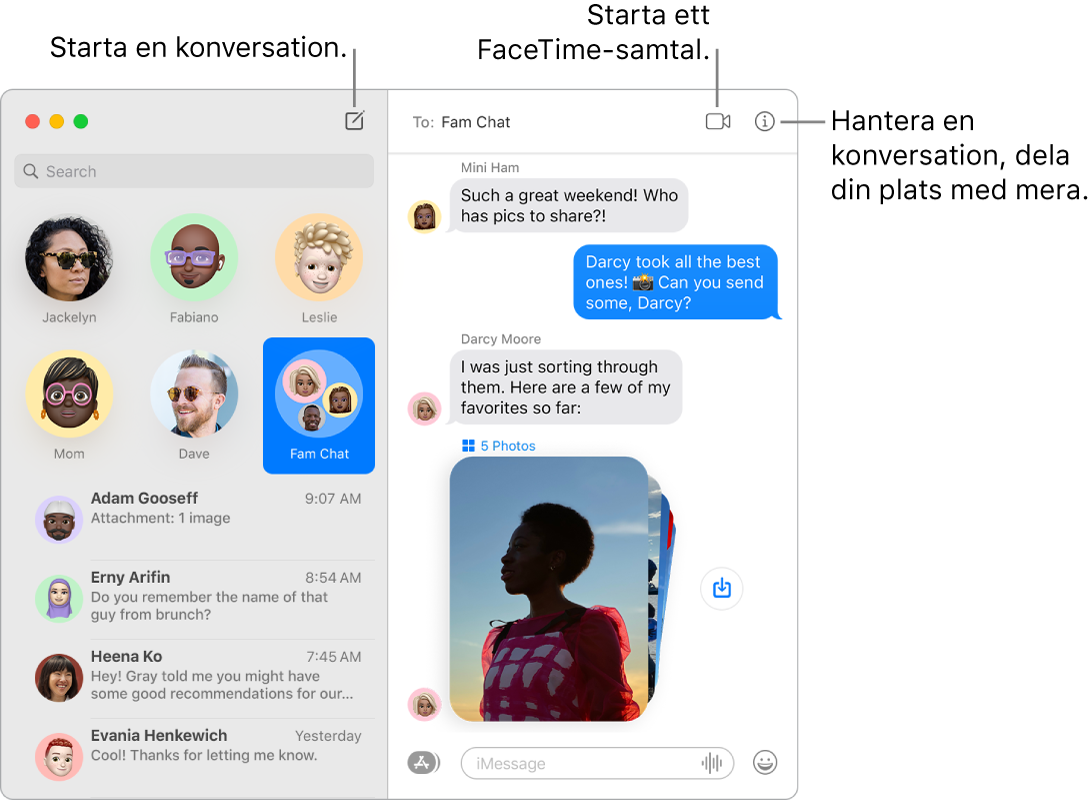 Ett Meddelanden-fönster som visar hur du startar en konversation och ringer ett FaceTime-samtal.