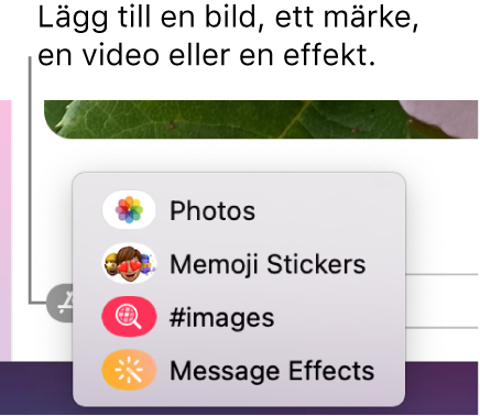Appmenyn med alternativ för att visa bilder, Memoji-märken, GIF-filer och meddelandeeffekter.