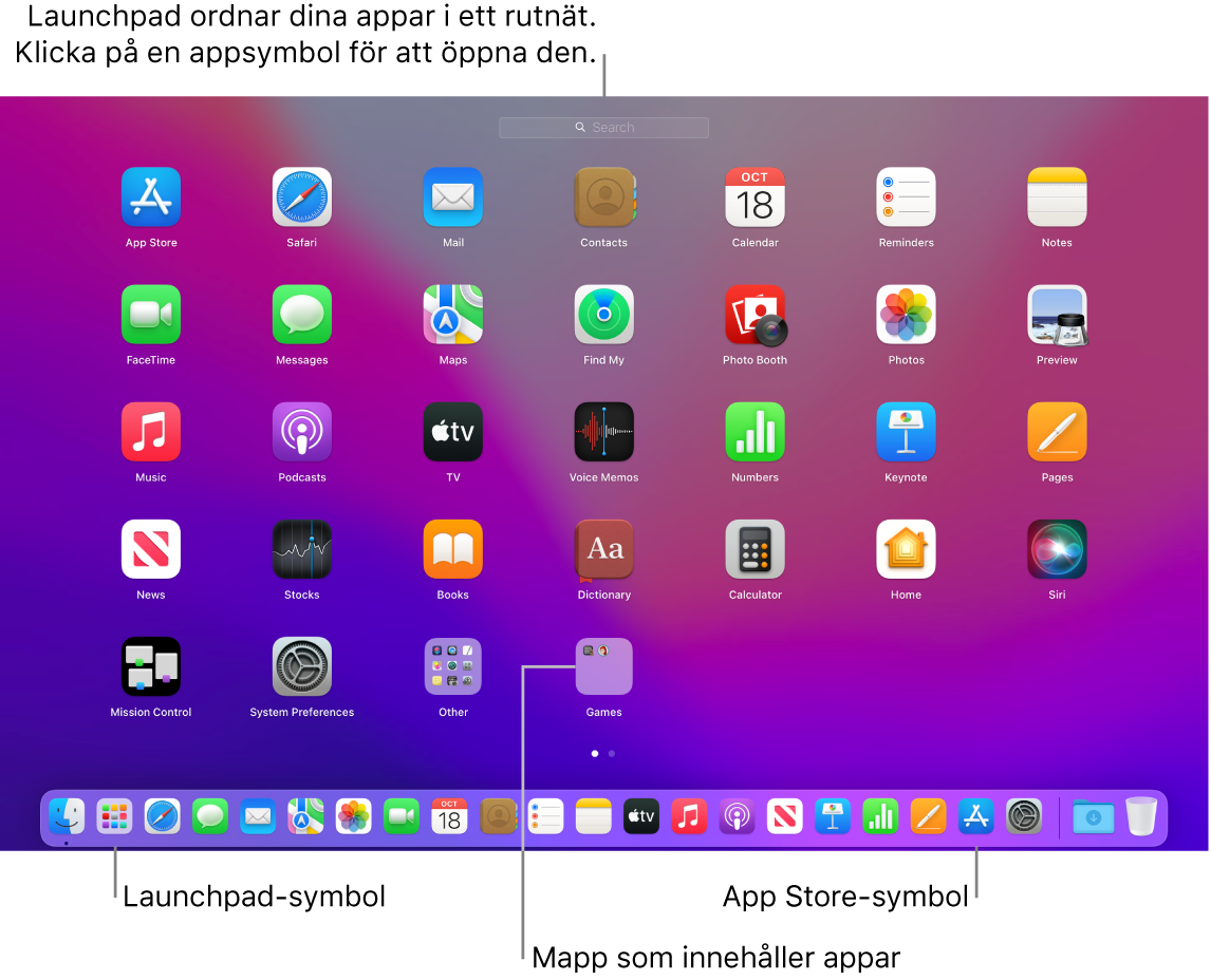 En Mac-skärm med Launchpad öppet som visar en mapp med appar i Launchpad och symbolerna för Launchpad och App Store i Dock.