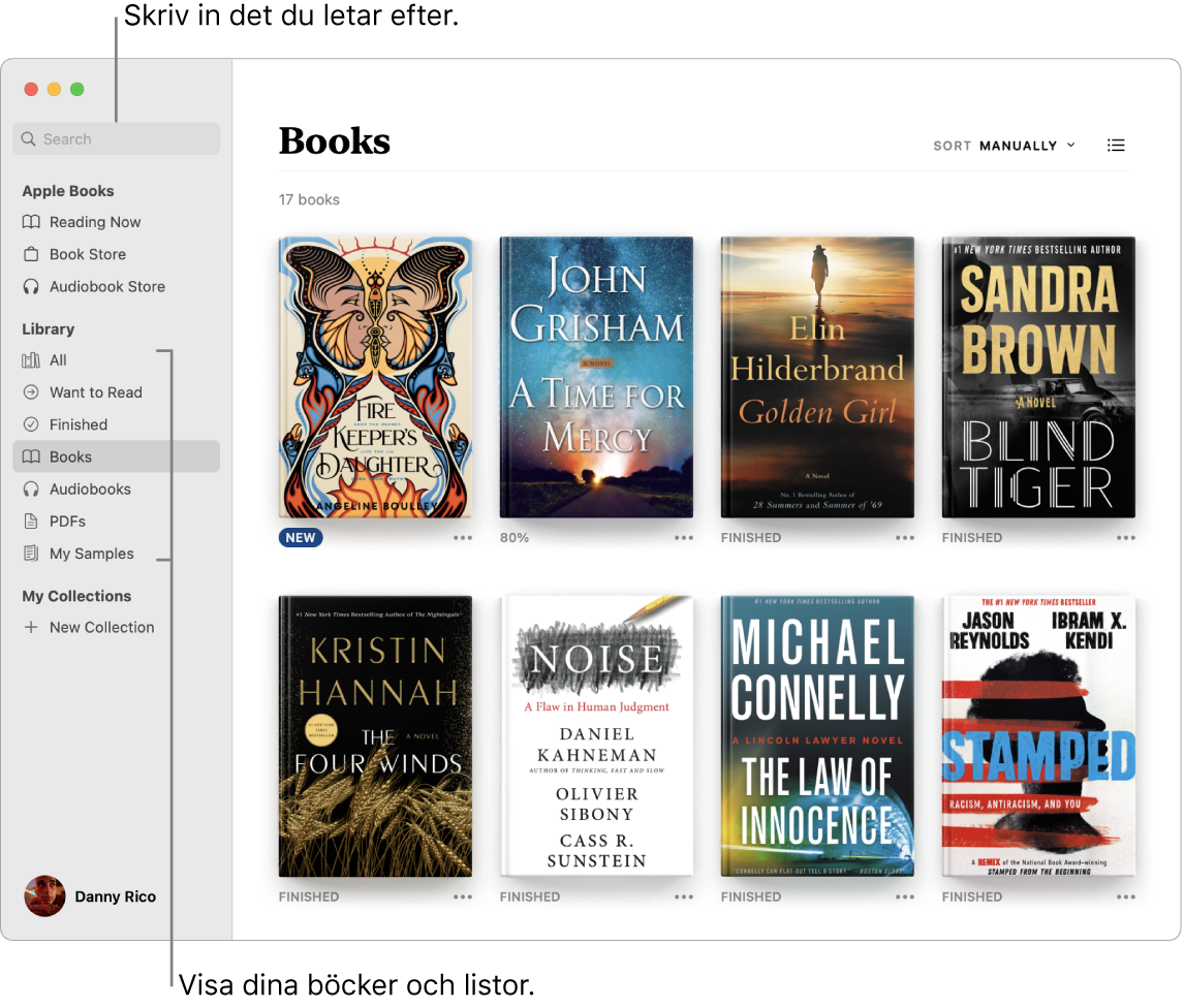 Ett fönster i appen Böcker som visar hur du visar böcker, bläddrar bland utvalt innehåll och söker.