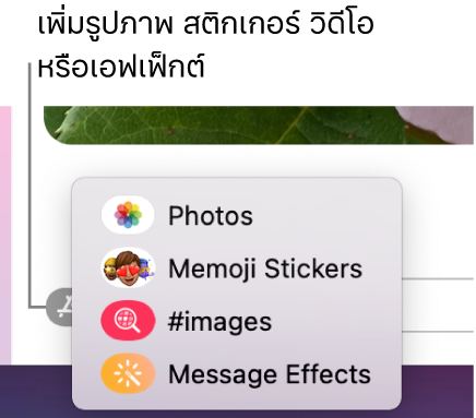 เมนูแอปที่มีตัวเลือกสำหรับการแสดงรูปภาพ, สติกเกอร์ Memoji, GIF และเอฟเฟ็กต์ข้อความ