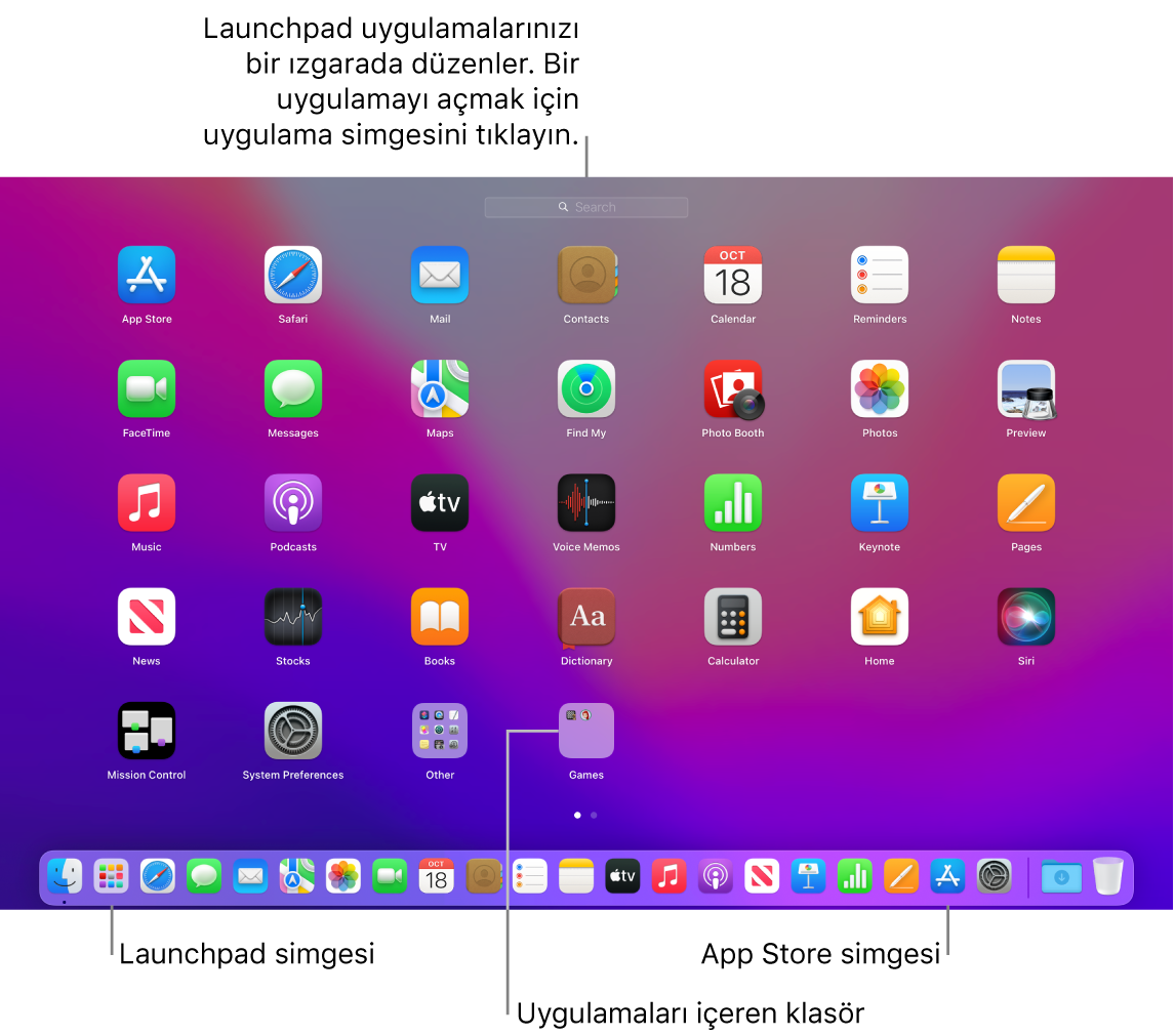 Launchpad’in açık olduğu, Launchpad’de bir uygulama klasörünün ve Dock’ta da Launchpad simgesi ile App Store simgesinin gösterildiği bir Mac ekranı.