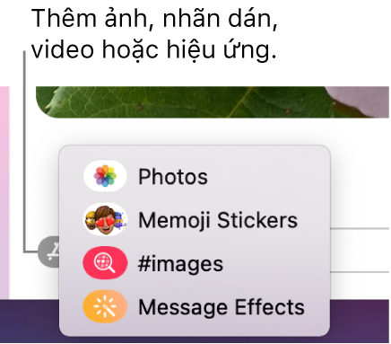 Menu Ứng dụng với các tùy chọn để hiển thị ảnh, nhãn dán Memoji, GIF và hiệu ứng tin nhắn.