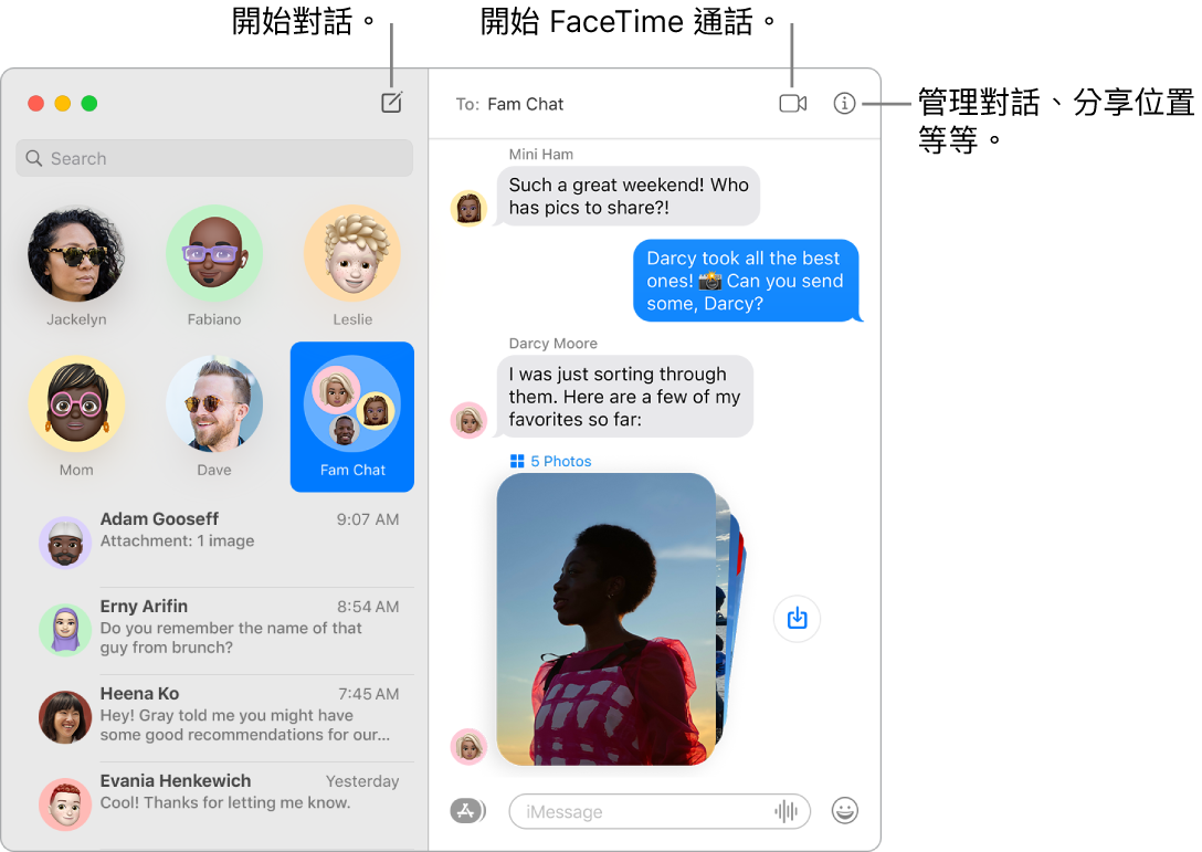 「訊息」視窗，顯示如何開始對話以及如何開始 FaceTime 通話。