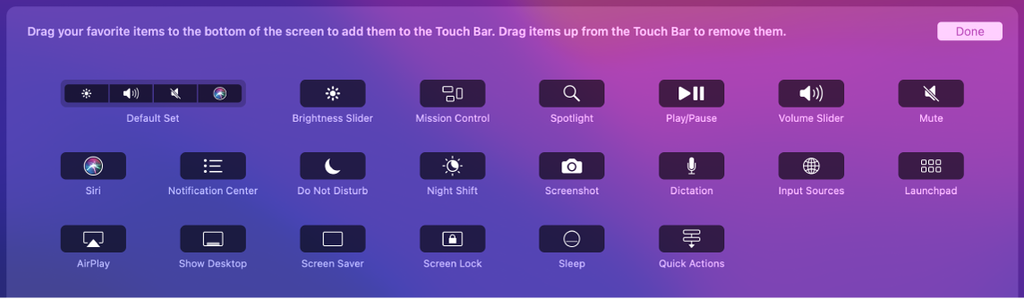 عناصر التحكم التي يمكنك تخصيصها على Control Strip عن طريق سحبها إلى الـ Touch Bar.